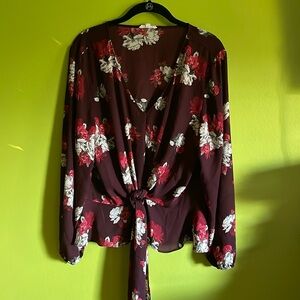 Maurices Burgundy Floral Front Tie Top Blouse Size XL